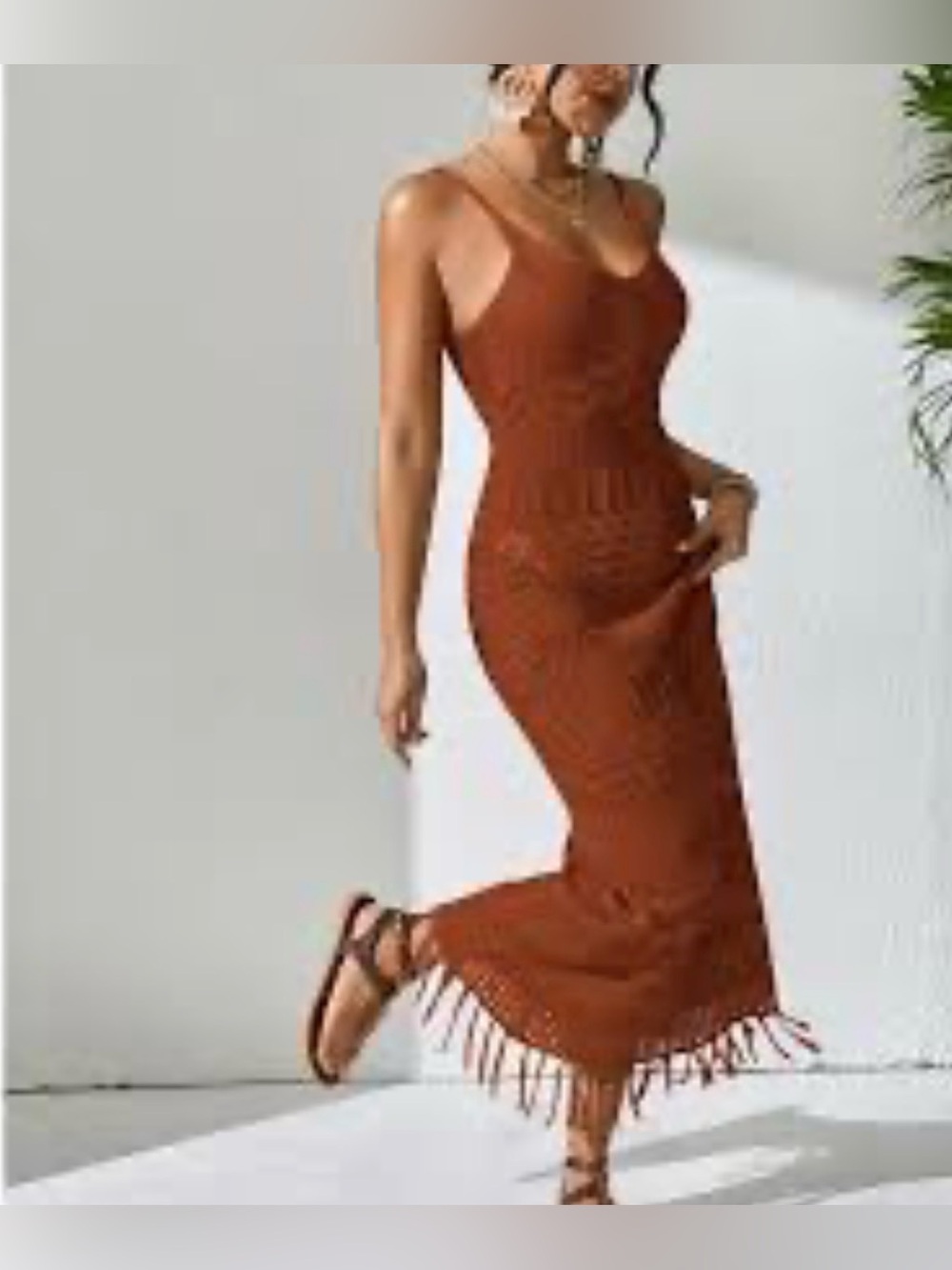 Lush-Crochet Fringe Maxi Dress-Chocolate Brown- Size Small